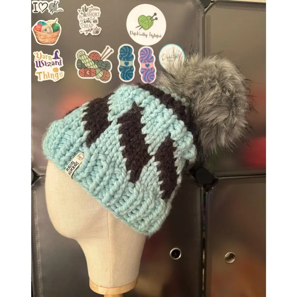 Hand Knit Tilt A Whirl Beanie: Cozy Winter Hat with Faux Fur Pom